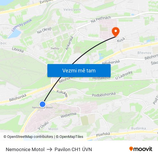 Nemocnice Motol to Pavilon CH1 ÚVN map