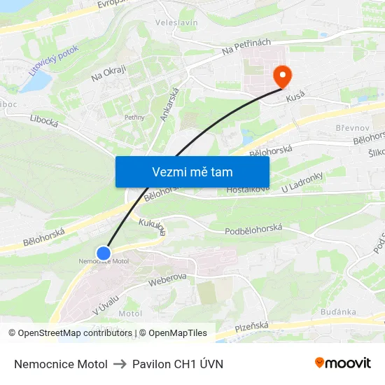 Nemocnice Motol to Pavilon CH1 ÚVN map