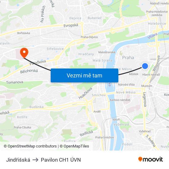 Jindřišská to Pavilon CH1 ÚVN map