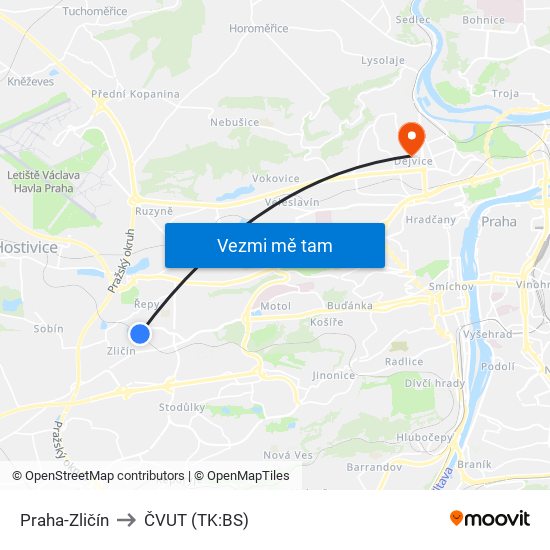 Praha-Zličín to ČVUT (TK:BS) map