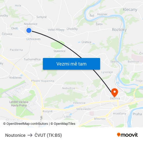 Noutonice to ČVUT (TK:BS) map