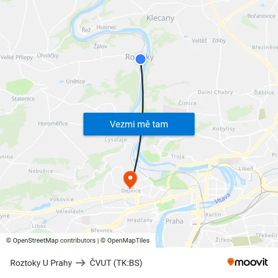 Roztoky U Prahy to ČVUT (TK:BS) map