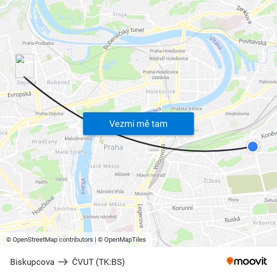 Biskupcova to ČVUT (TK:BS) map