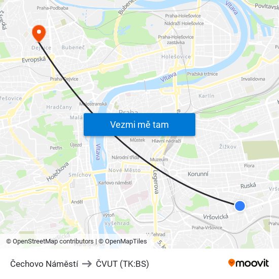 Čechovo Náměstí to ČVUT (TK:BS) map