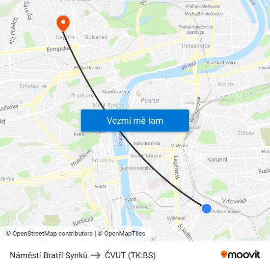 Náměstí Bratří Synků to ČVUT (TK:BS) map