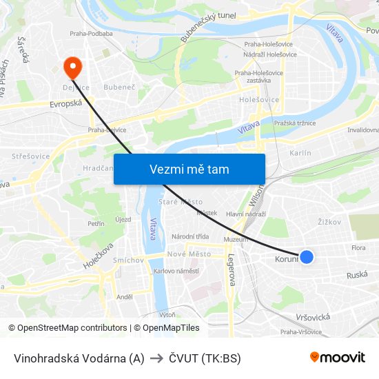 Vinohradská Vodárna (A) to ČVUT (TK:BS) map