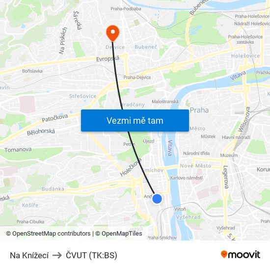 Na Knížecí (J) to ČVUT (TK:BS) map