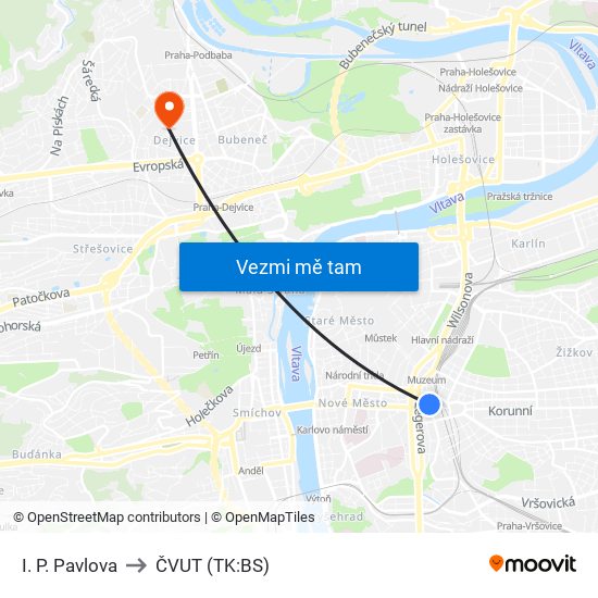 I. P. Pavlova to ČVUT (TK:BS) map