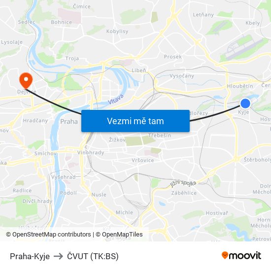 Praha-Kyje to ČVUT (TK:BS) map