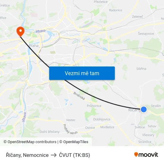 Říčany, Nemocnice to ČVUT (TK:BS) map