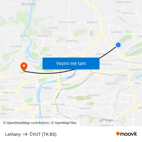 Letňany to ČVUT (TK:BS) map