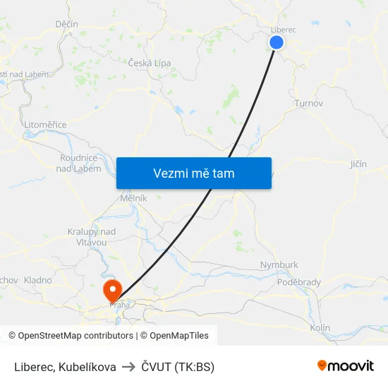 Liberec, Kubelíkova to ČVUT (TK:BS) map
