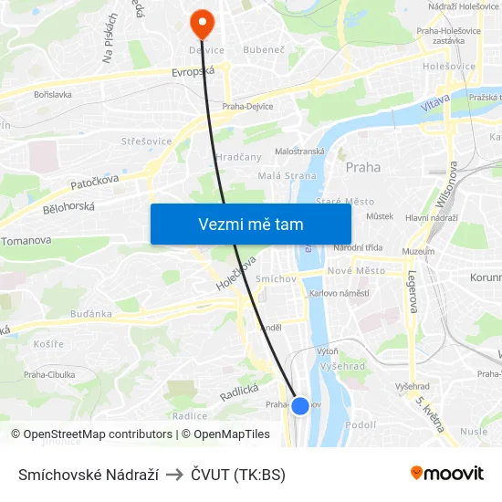 Smíchovské Nádraží to ČVUT (TK:BS) map