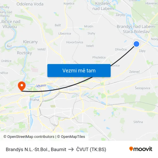 Brandýs N.L.-St.Bol., Baumit to ČVUT (TK:BS) map