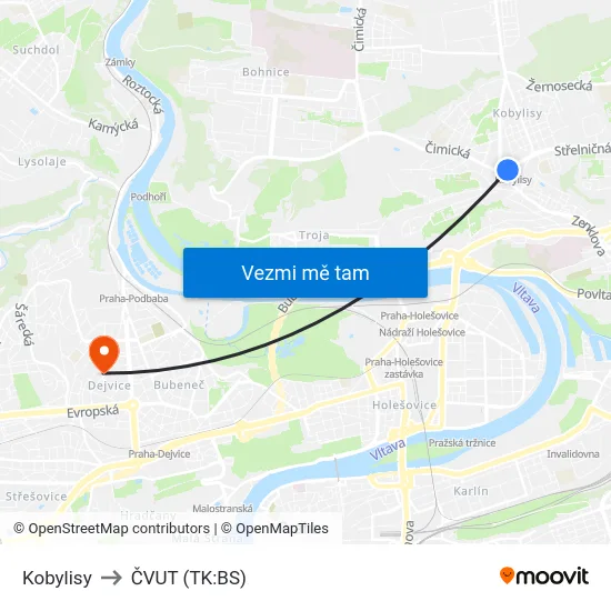 Kobylisy to ČVUT (TK:BS) map