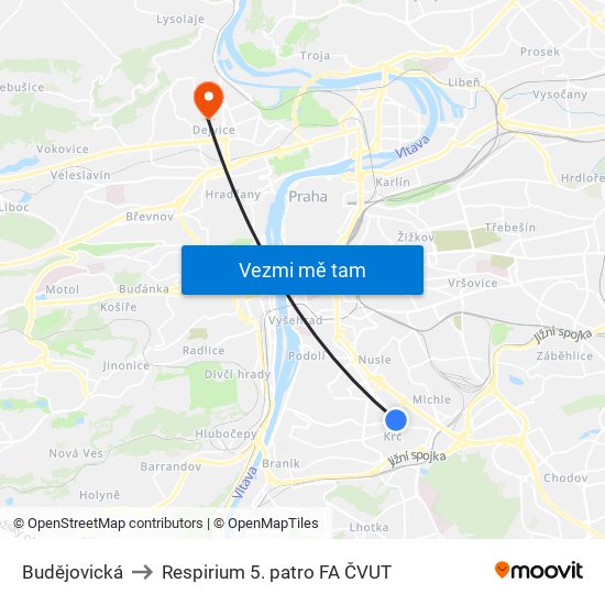 Budějovická to Respirium 5. patro FA ČVUT map