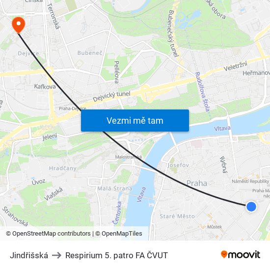 Jindřišská to Respirium 5. patro FA ČVUT map