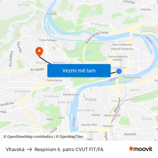Vltavská to Respirium 6. patro CVUT FIT/FA map