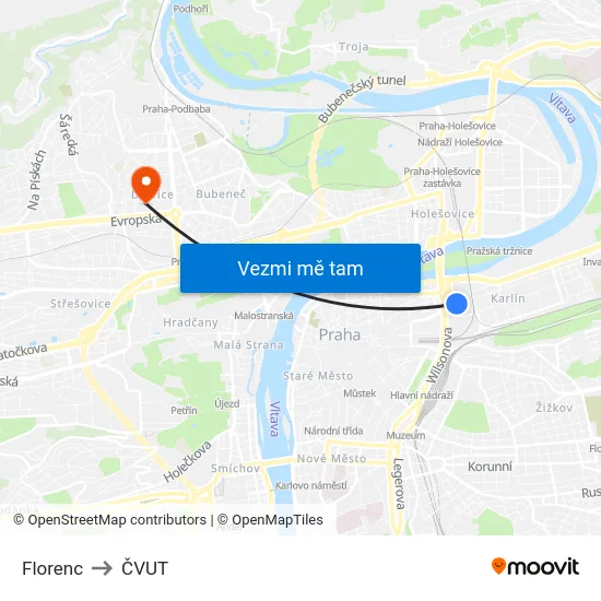 Florenc to ČVUT map