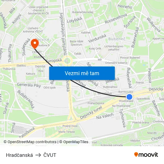 Hradčanská to ČVUT map