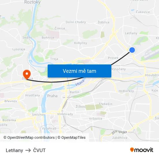 Letňany to ČVUT map