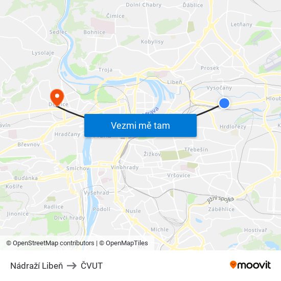 Nádraží Libeň to ČVUT map