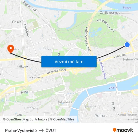 Praha-Výstaviště to ČVUT map
