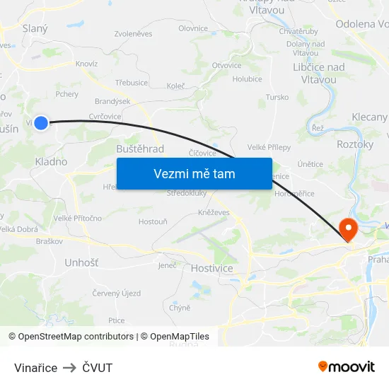 Vinařice to ČVUT map
