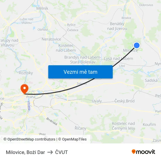 Milovice, Boží Dar to ČVUT map