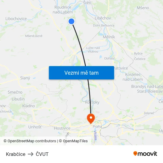Krabčice to ČVUT map