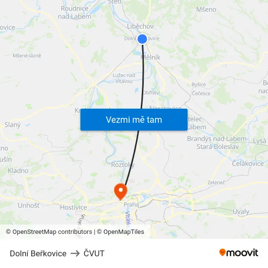 Dolní Beřkovice to ČVUT map