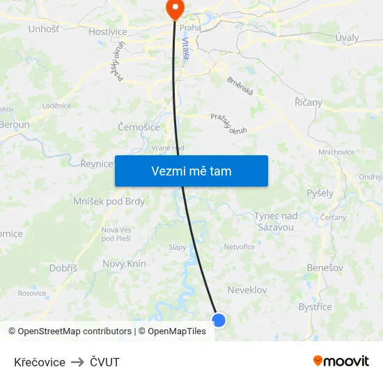 Křečovice to ČVUT map