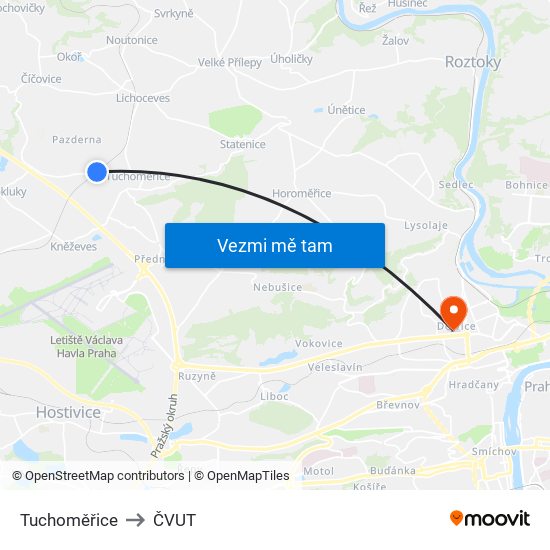 Tuchoměřice to ČVUT map
