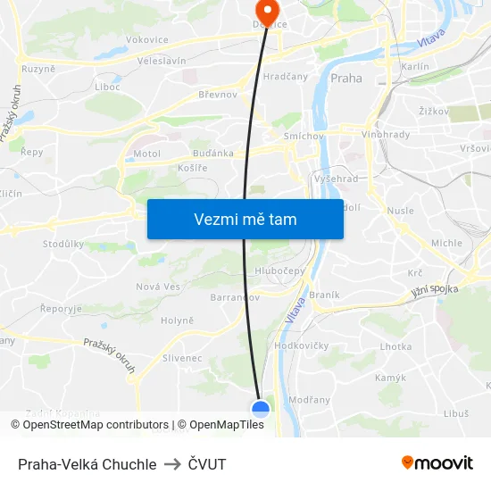 Praha-Velká Chuchle to ČVUT map