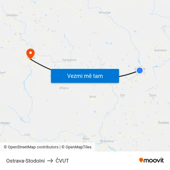 Ostrava-Stodolní to ČVUT map