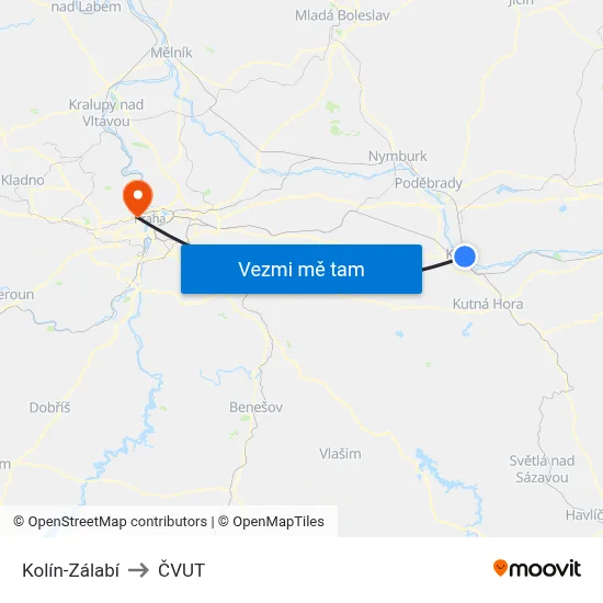 Kolín-Zálabí to ČVUT map