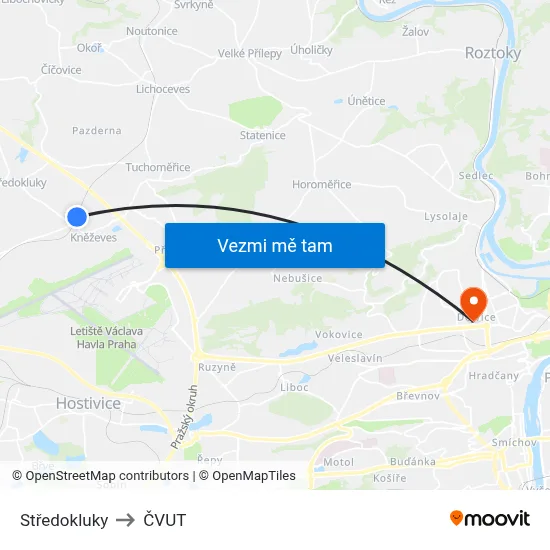 Středokluky to ČVUT map