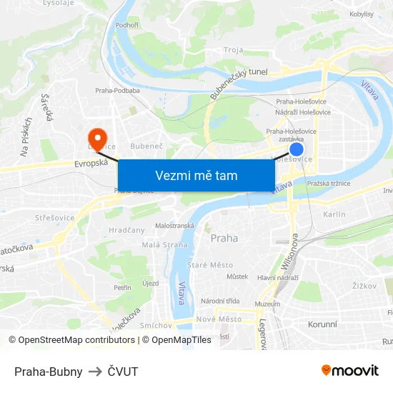 Praha-Bubny to ČVUT map