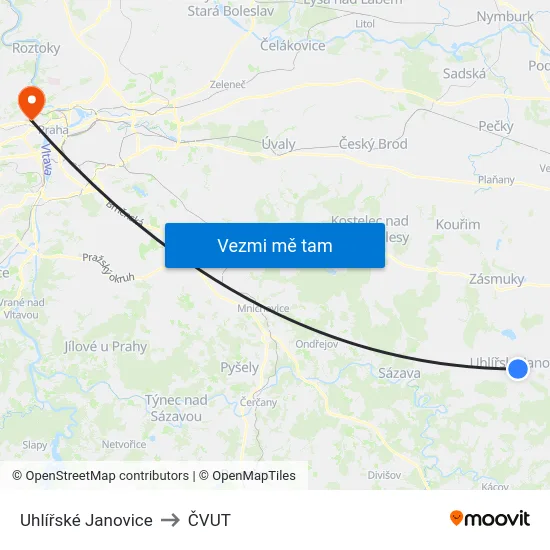 Uhlířské Janovice to ČVUT map