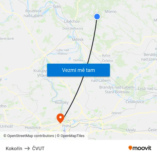 Kokořín to ČVUT map