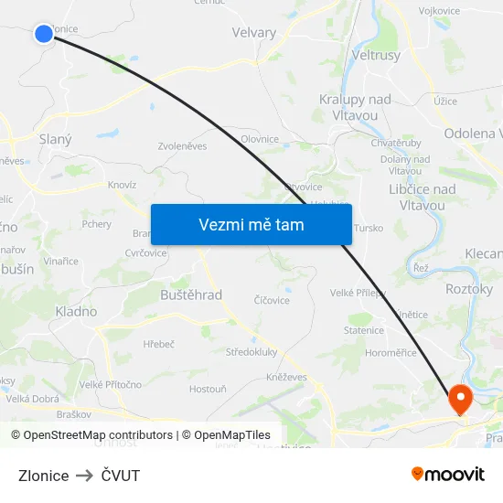 Zlonice to ČVUT map
