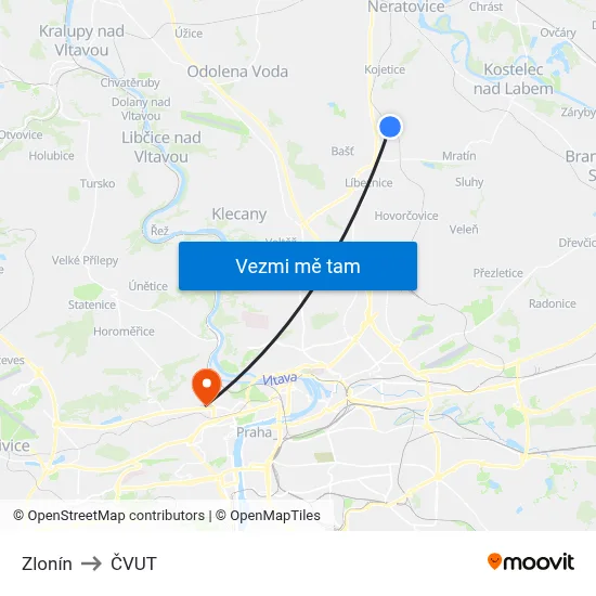 Zlonín to ČVUT map
