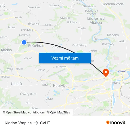 Kladno-Vrapice to ČVUT map