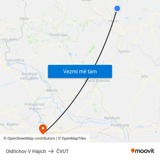 Oldřichov V Hájích to ČVUT map