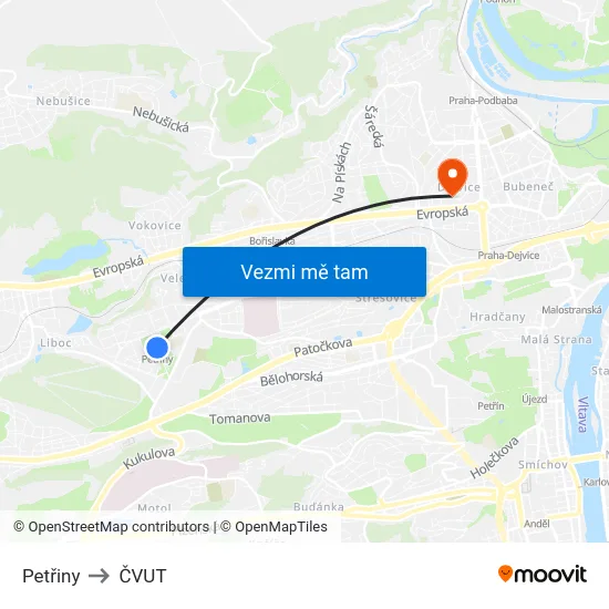 Petřiny to ČVUT map