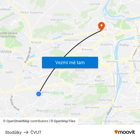 Stodůlky to ČVUT map