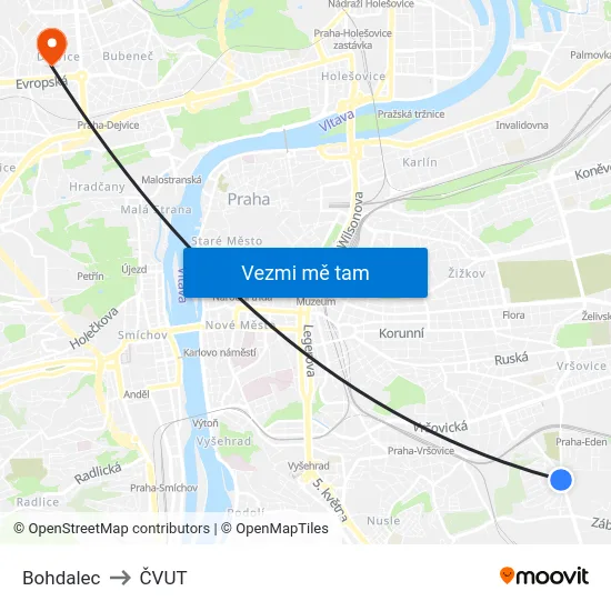 Bohdalec to ČVUT map