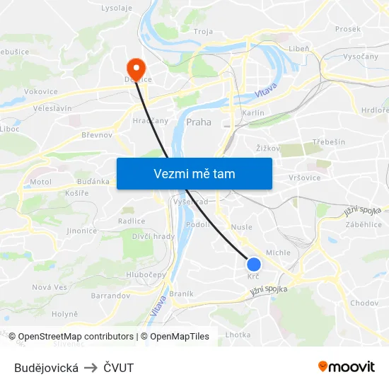 Budějovická to ČVUT map