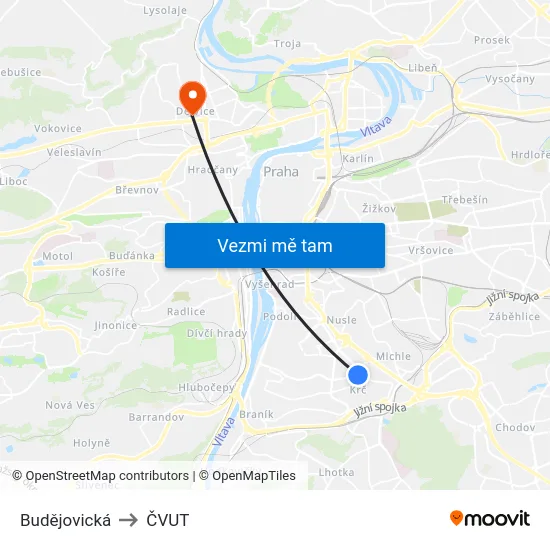 Budějovická to ČVUT map