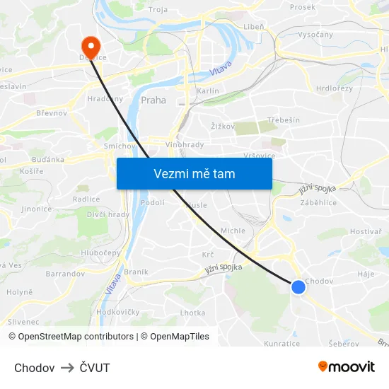 Chodov to ČVUT map